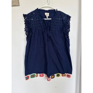 St Johns Bay Navy Blue Eyelet Sleeveless Blouse Crochet Granny Square Trim XL